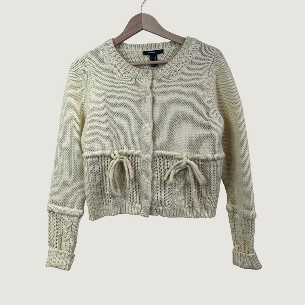 Forever 21 Cardigan Sweater M Cream Bow Detail Open Knit Coquette Cottagecore